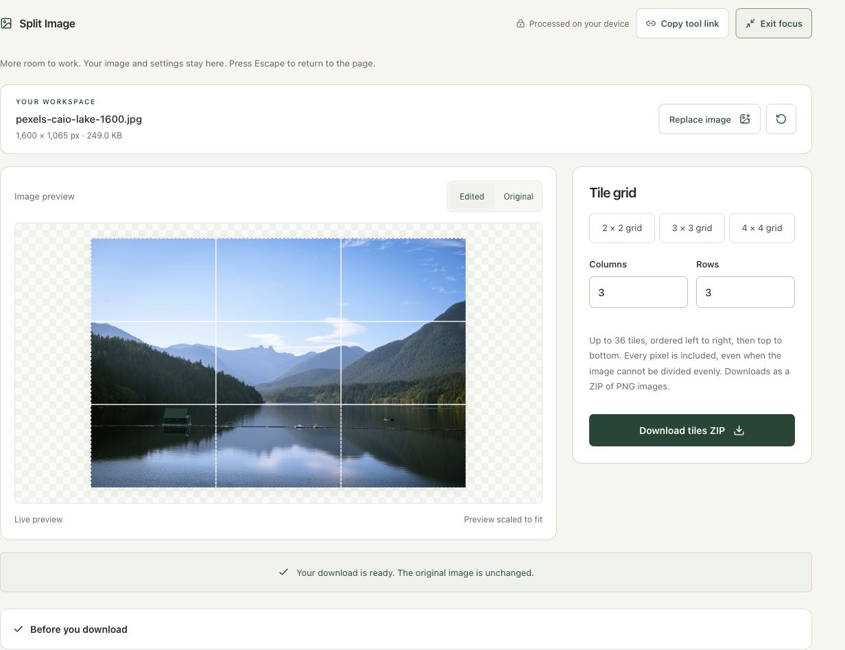 Step 4: Download the tile archive and inspect its ordering in the actual split image workspace