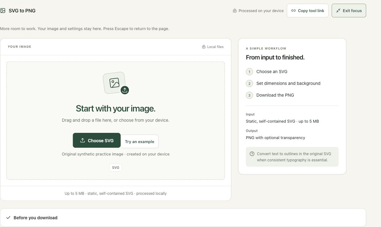 Step 1: Open the SVG converter and read its supported scope in the actual svg to png workspace