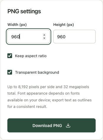 Step 3: Set a 960-pixel width and keep transparency in the actual svg to png workspace