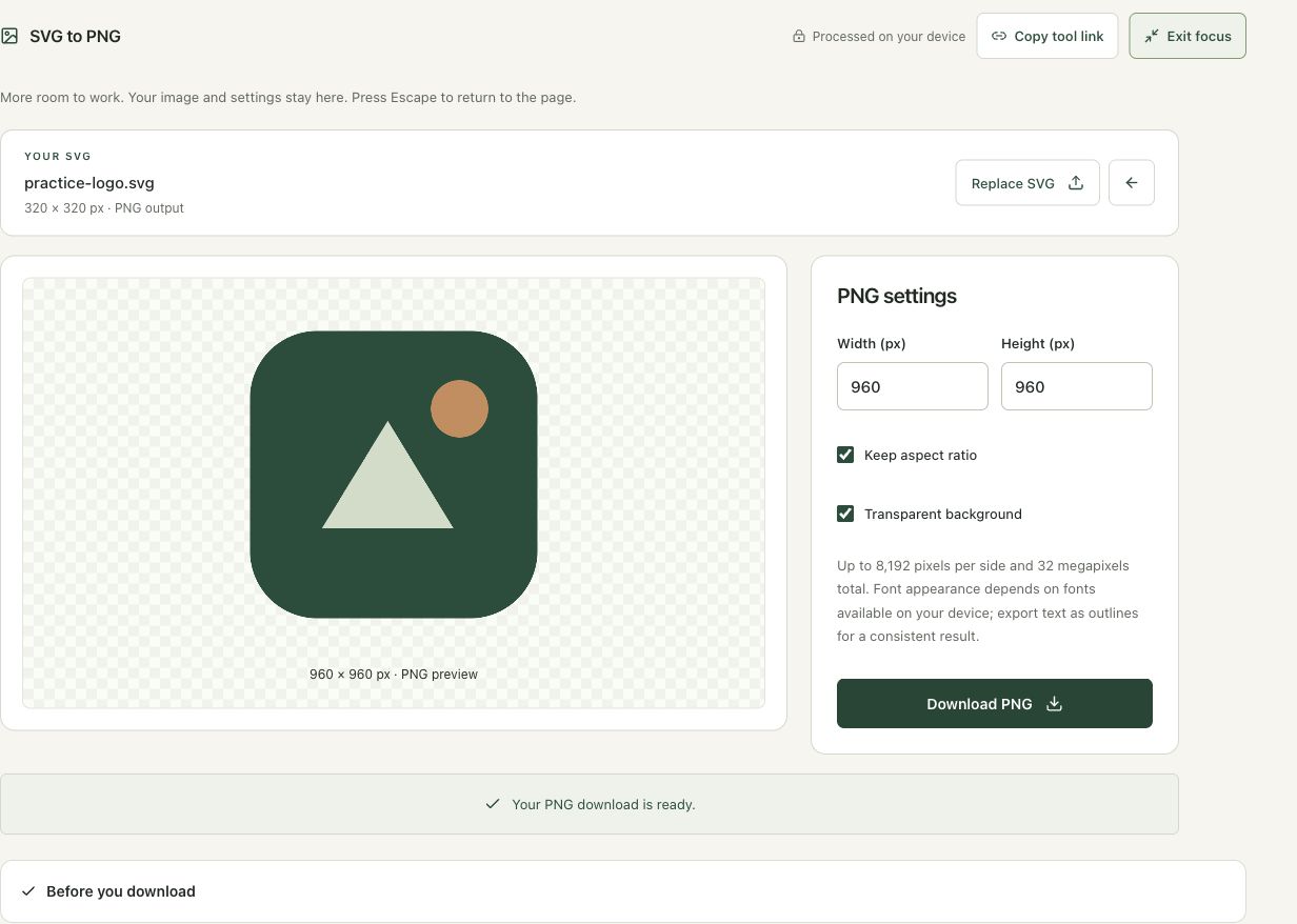 Step 4: Download and inspect the completed PNG in the actual svg to png workspace