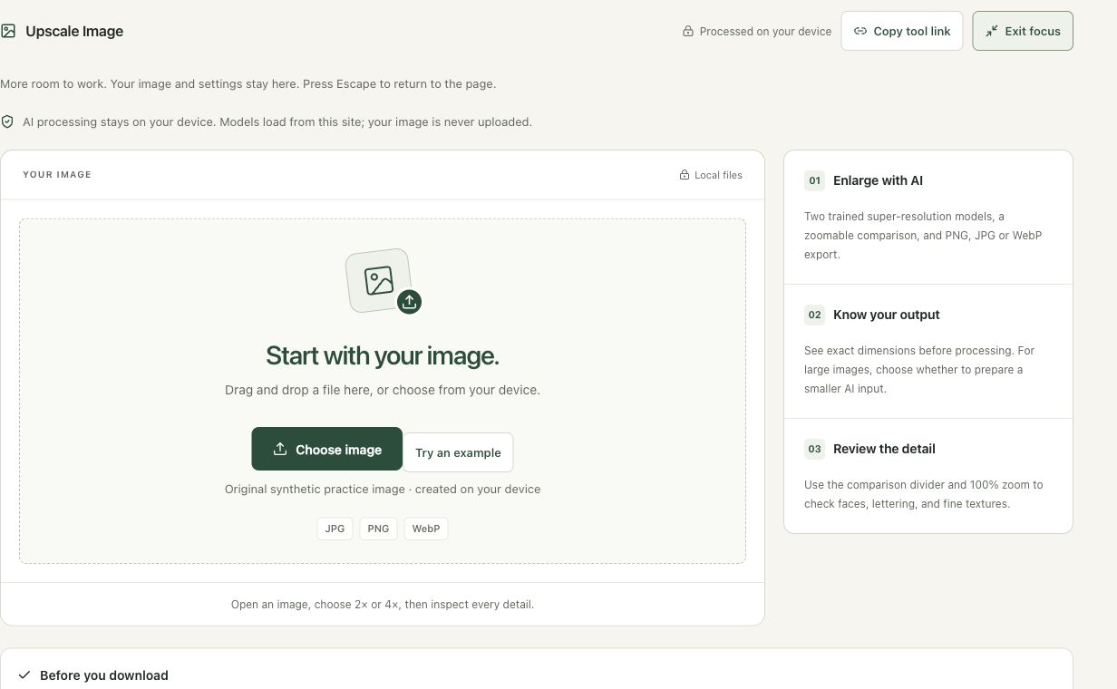 Step 1: Open Upscale Image and define the enlargement purpose in the actual upscale image workspace