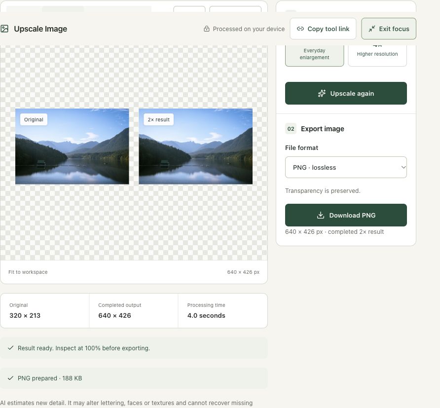 Step 4: Compare the completed enlargement and export it in the actual upscale image workspace